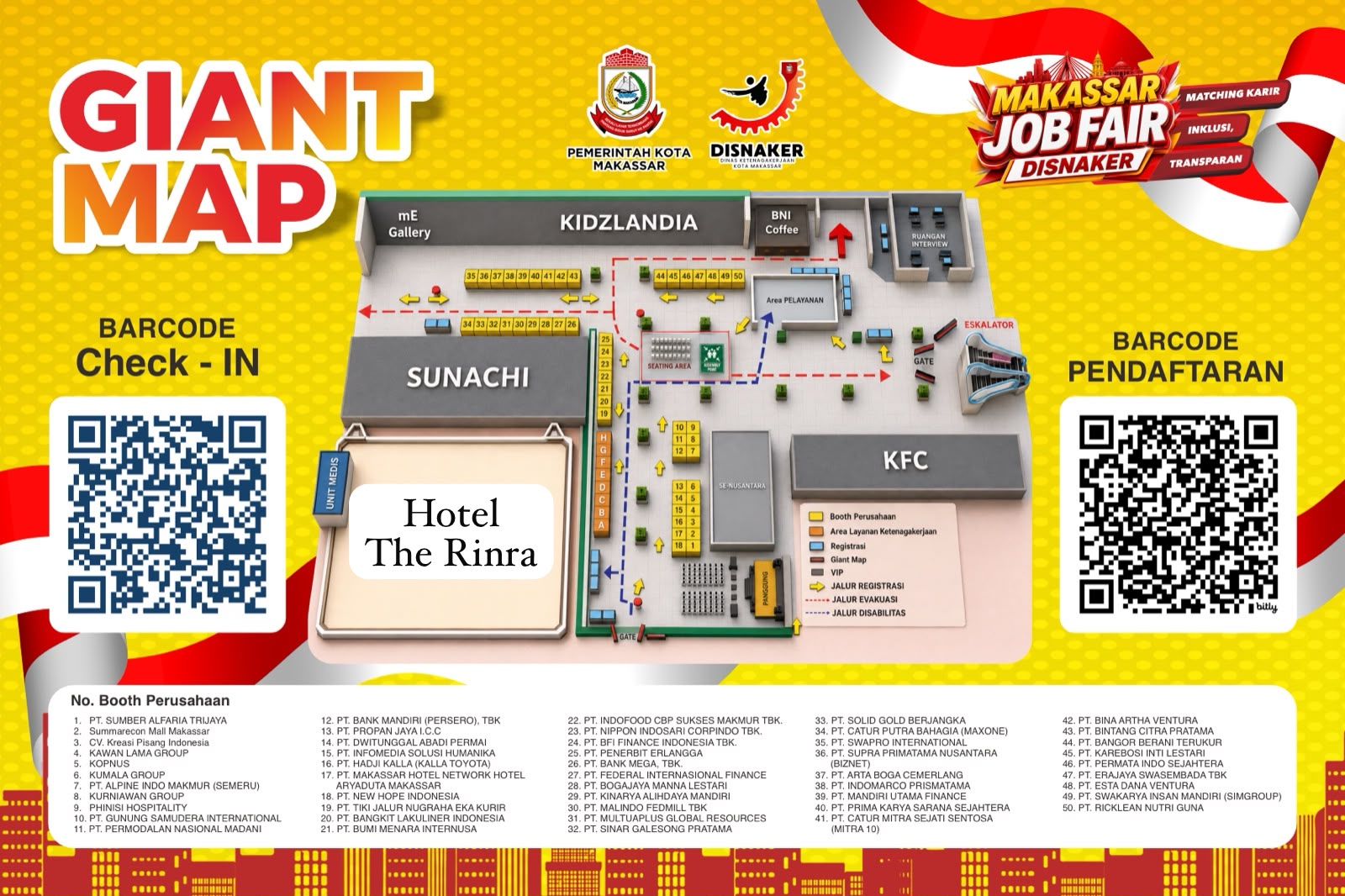 Denah lokasi (Giant Map) booth perusahaan Makassar Job Fair 2026, lengkap dengan barcode check-in dan barcode pendaftaran